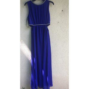 Forever 21 Royal BLUE Maxi Dress Size M Side Cutouts Rhinestone Trim Sleeveless